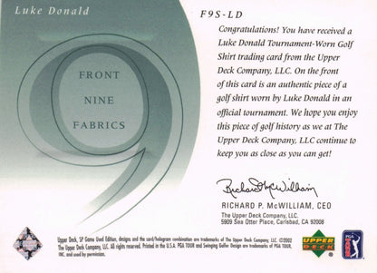 Luke Donald Front 9 Fabric 2002 Upper Deck Authentic Shirt Card