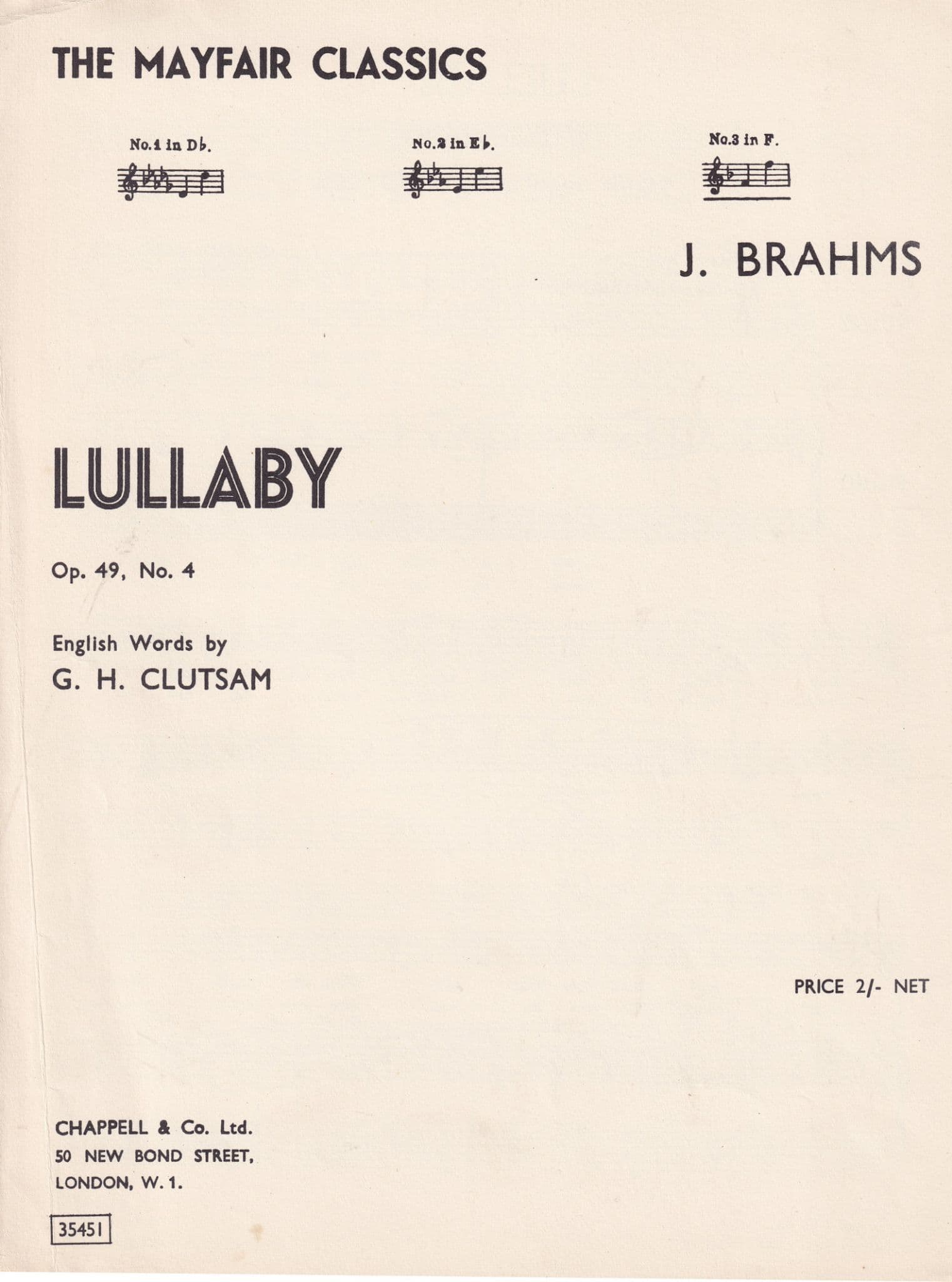 Lullaby Brahms GH Clutsam Vintage Mayfair Classics Olde Sheet Music