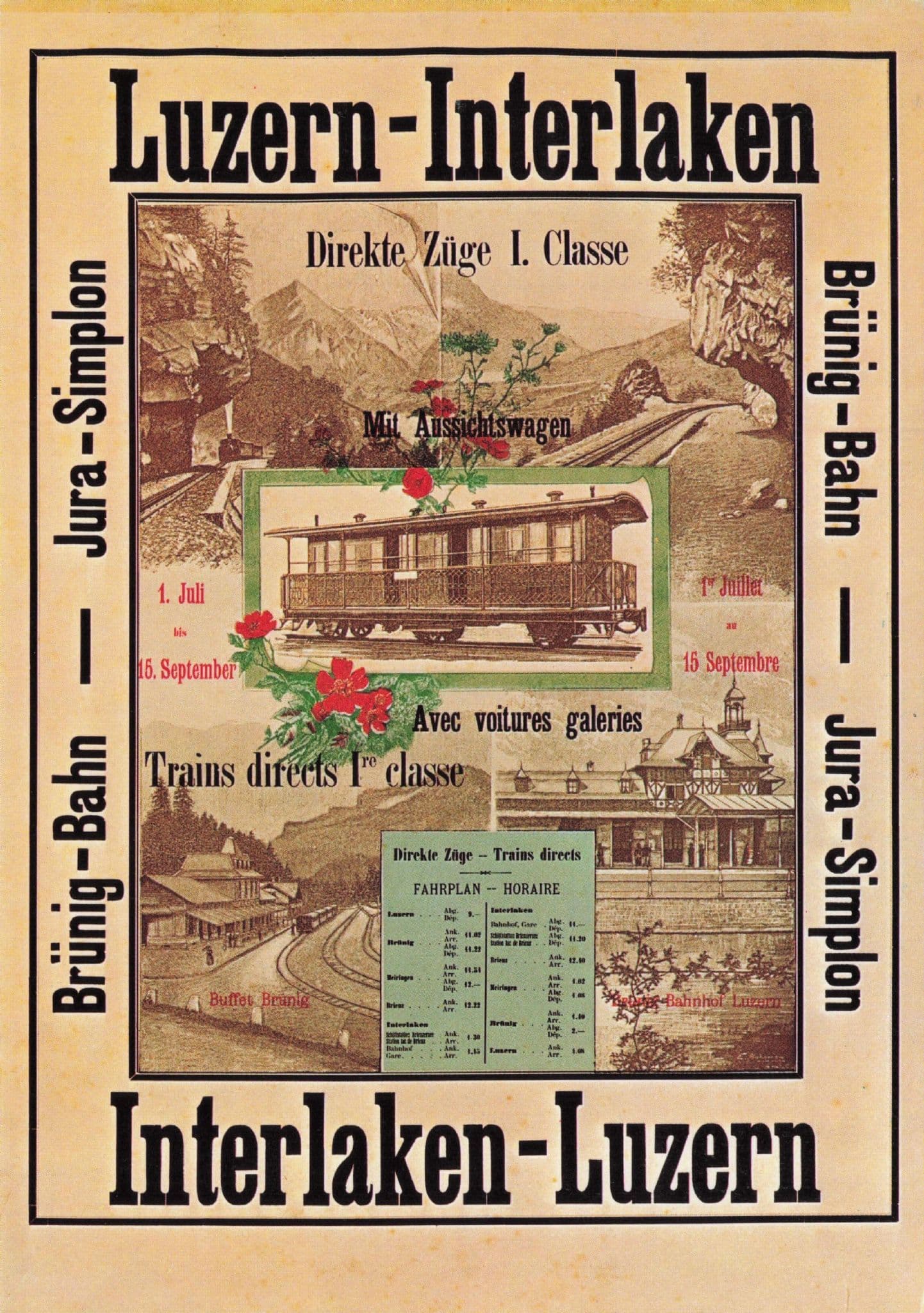 Luzern Interlaken 1890 Timetable Swiss Travel Poster Postcard