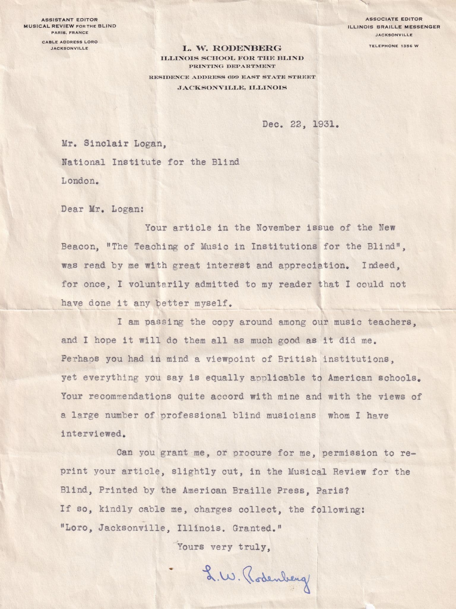 LW Rodenberg Braille Illinois School For The Blind USA Hand Signed Classical Composer Letter
