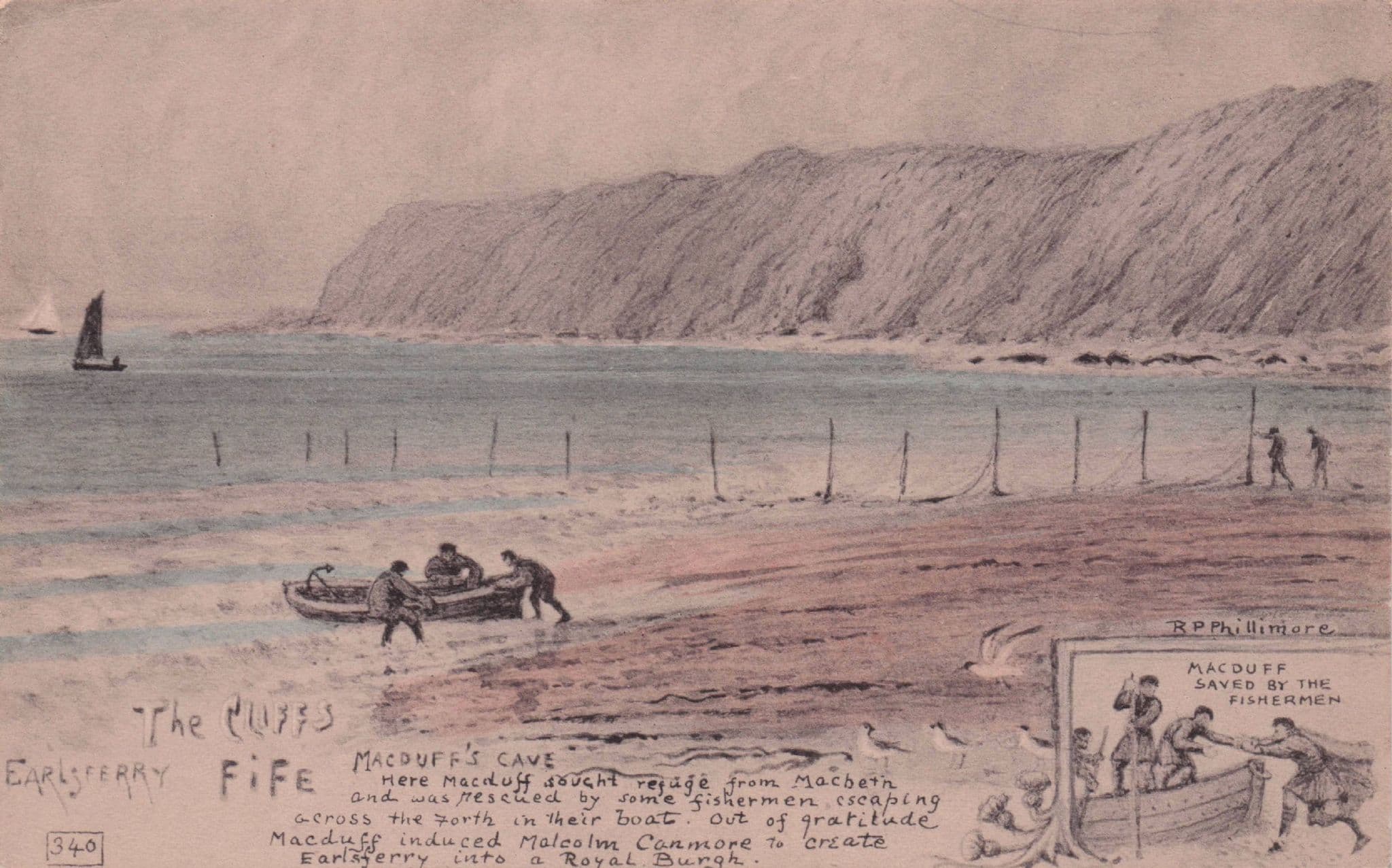 Macduff's Cave Fishermen Boat Disaster Rescue Fife Phillimore Old Postcard