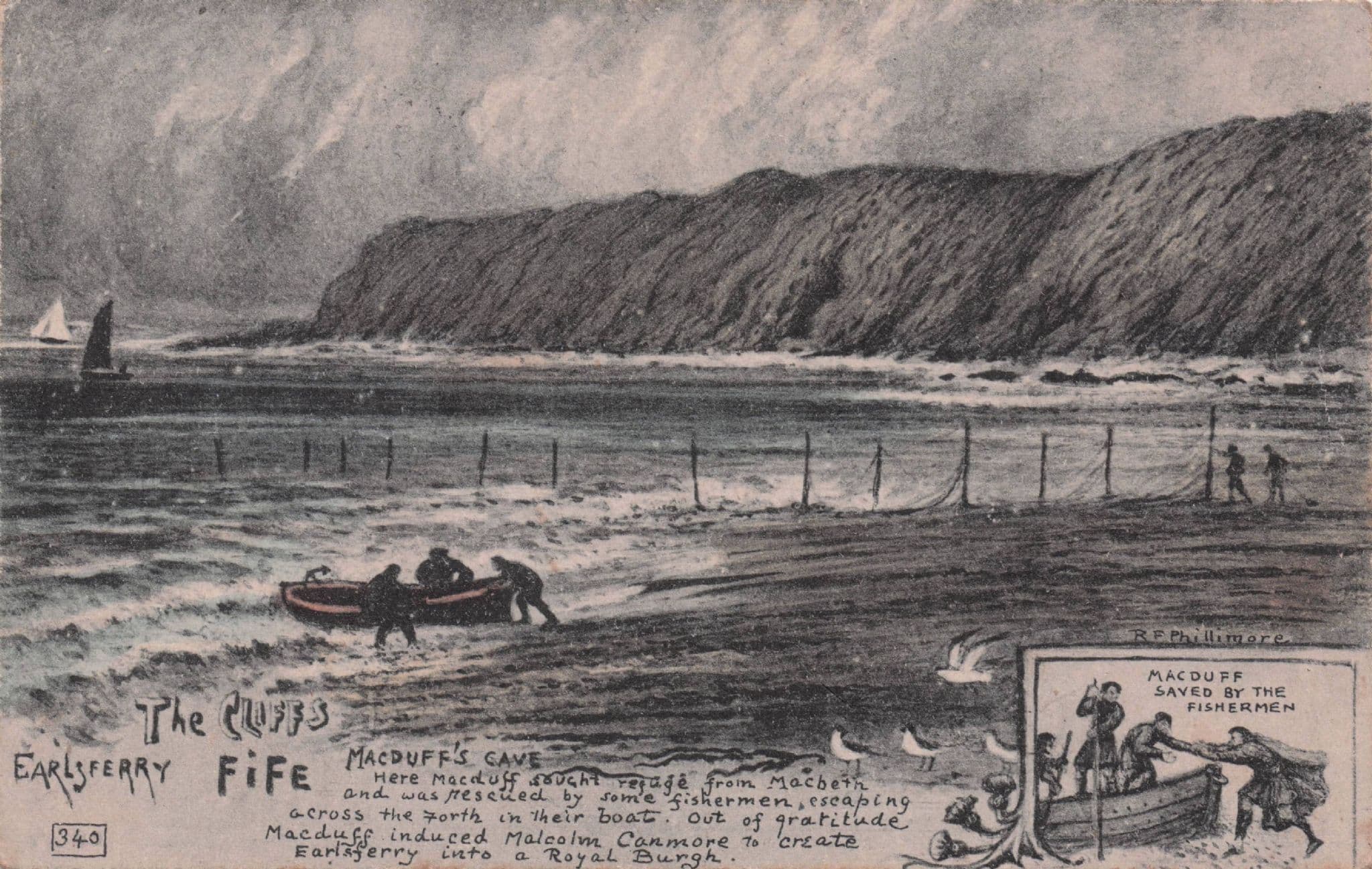 Macduff's Cave Fishermen Ship Disaster Rescue Fife Phillimore Old Postcard