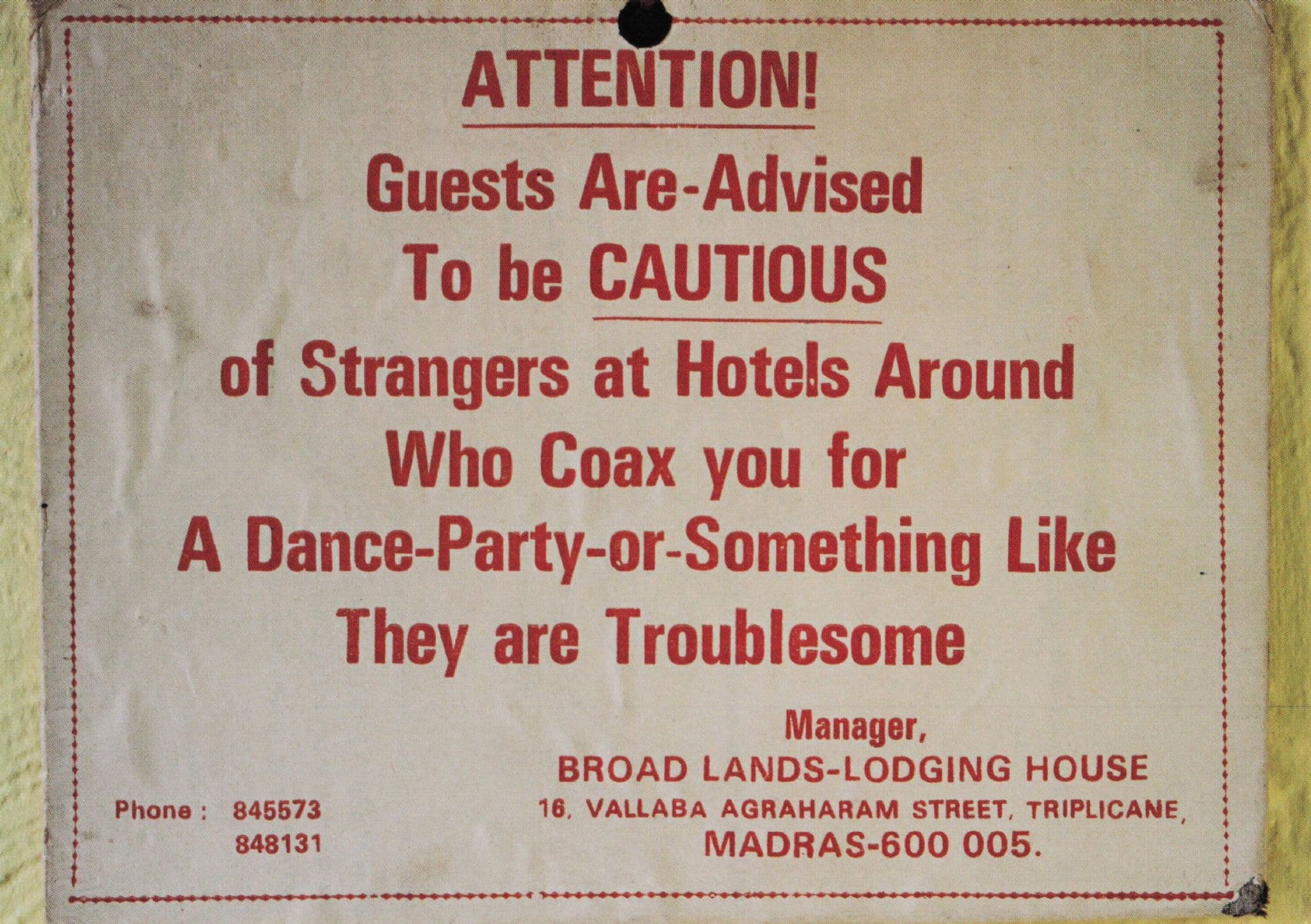 Madras Triplicane Chennai India Hotel Dance Party Warning Sign Comic Postcard