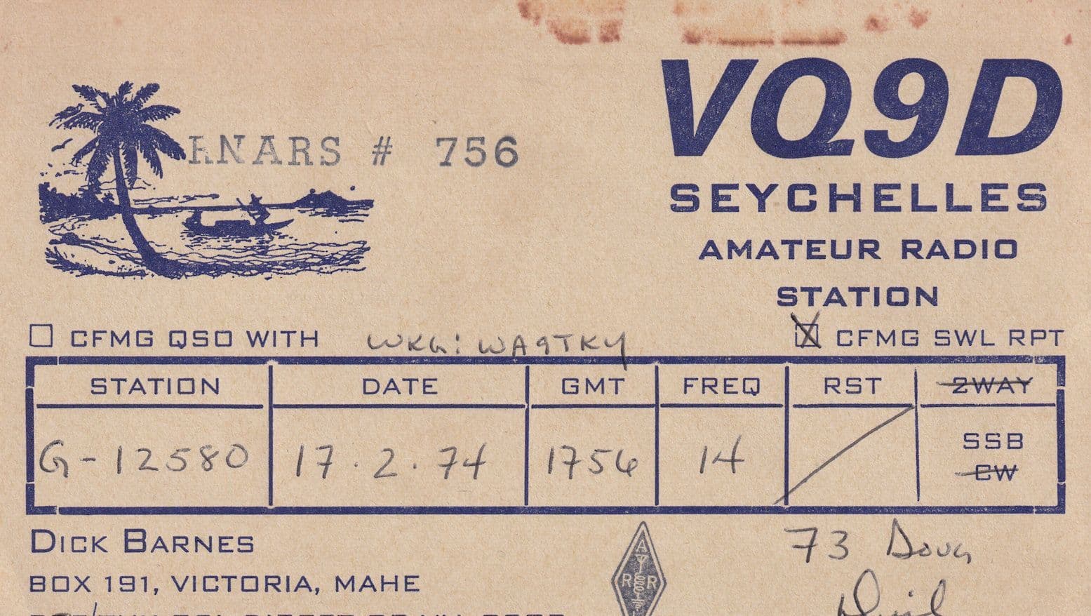 Mahe Seychelles 1970s QSL Amateur Radio Station Card