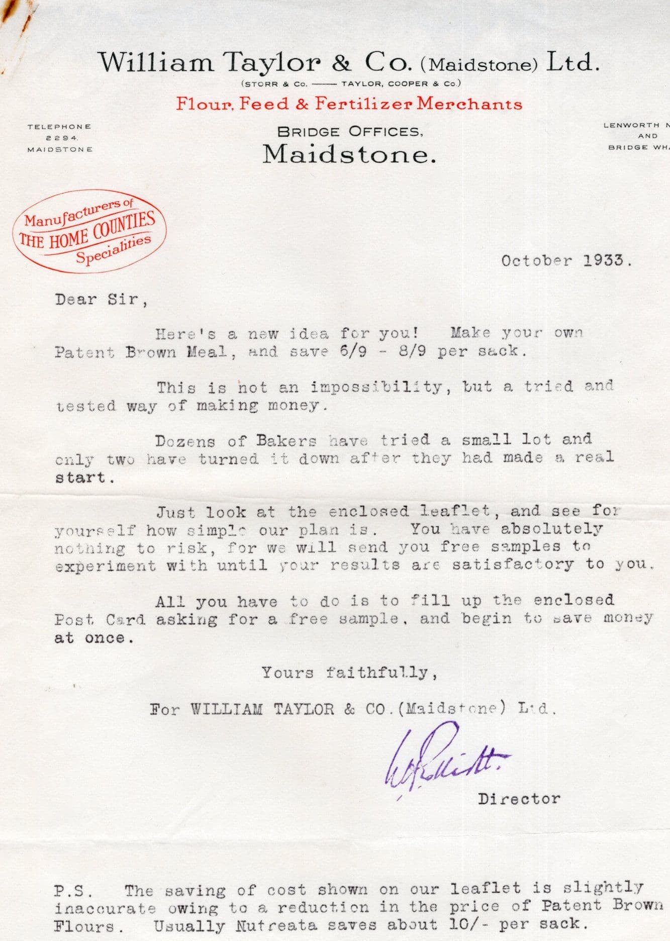 Maidstone Kent Bakery 1934 Flour Free Samples Rewards Old Letter