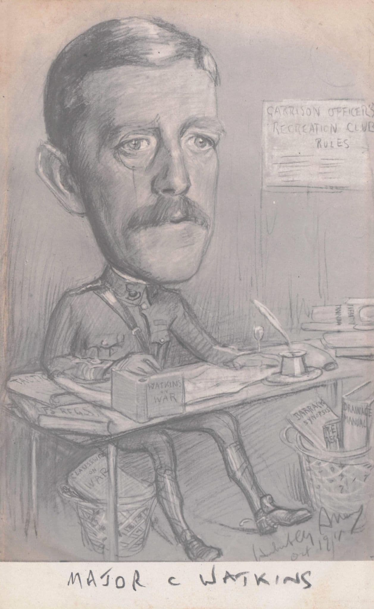 Major Watkins At War Drawing Up Battle Map & Plans Military Old Comic Postcard