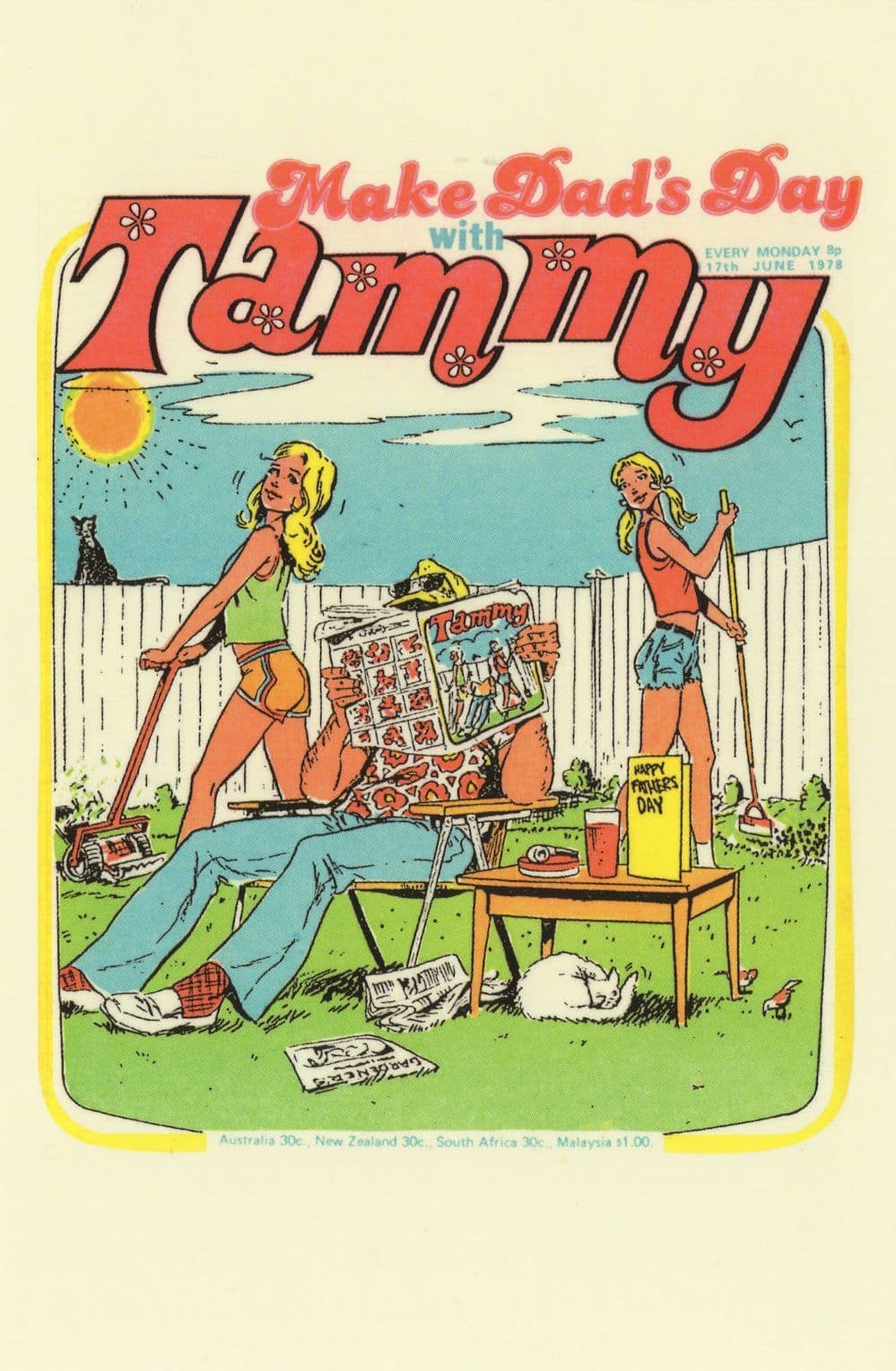 Make Dads Fathers Day Gardening Lawnmower 1970s Girls Comic Postcard