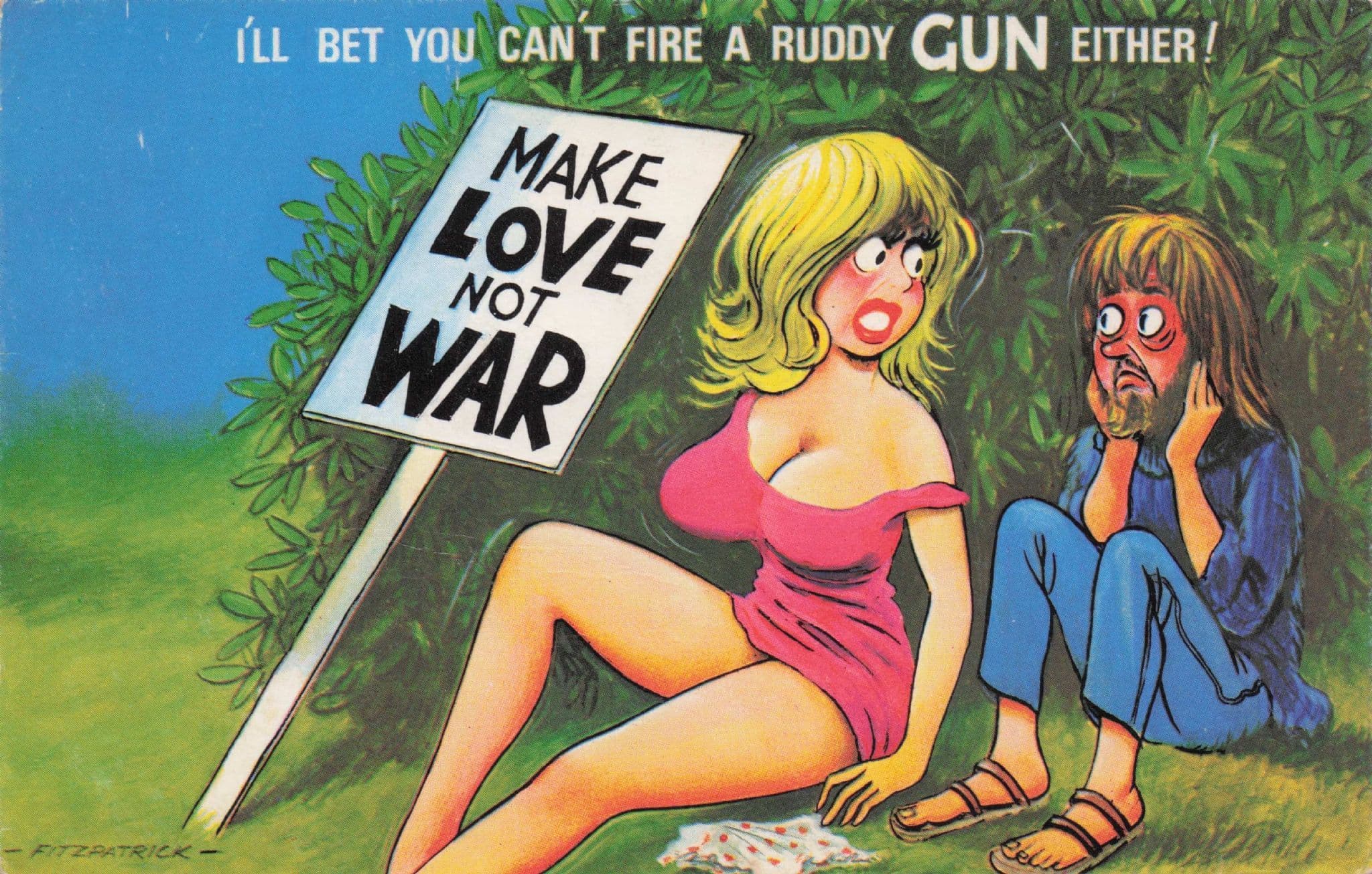 Make Love Not War Sign Hippy Lovers 1970s Bamforth Comic Postcard