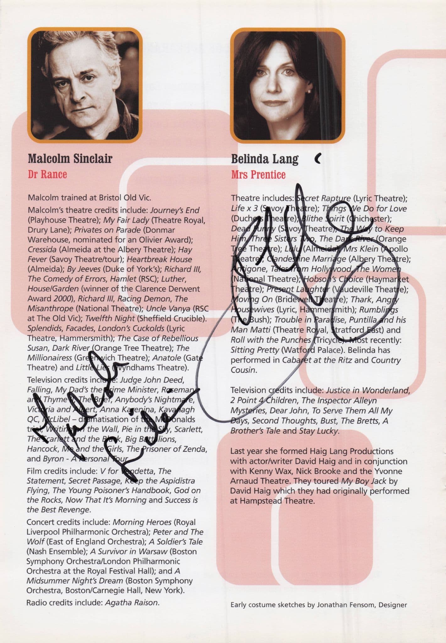 Malcolm Sinclair  Star Wars Belinda Lang Hand Signed Theatre Page