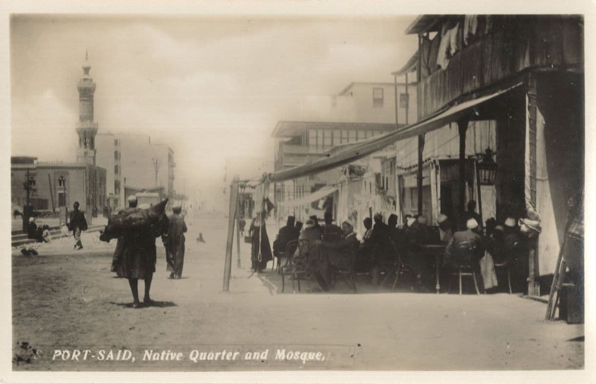 Man & Backpack Port Said Native Quarter & Mosque Egypt RPC Old Postcard