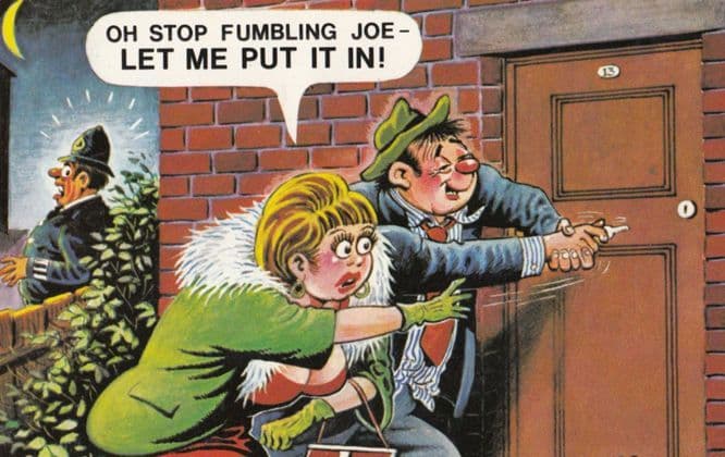Man Cant Put It In With Sexy Girl Key Through Door Keyhole Comic Humour Postcard