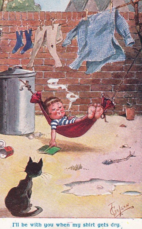 Man + Cat Hammock Sailor Shirt Washing Wash Line Blow Smoke Rings Comic Postcard