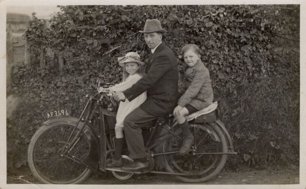 Man & Children Riding Antique Motorcycle Real Photo Old Postcard