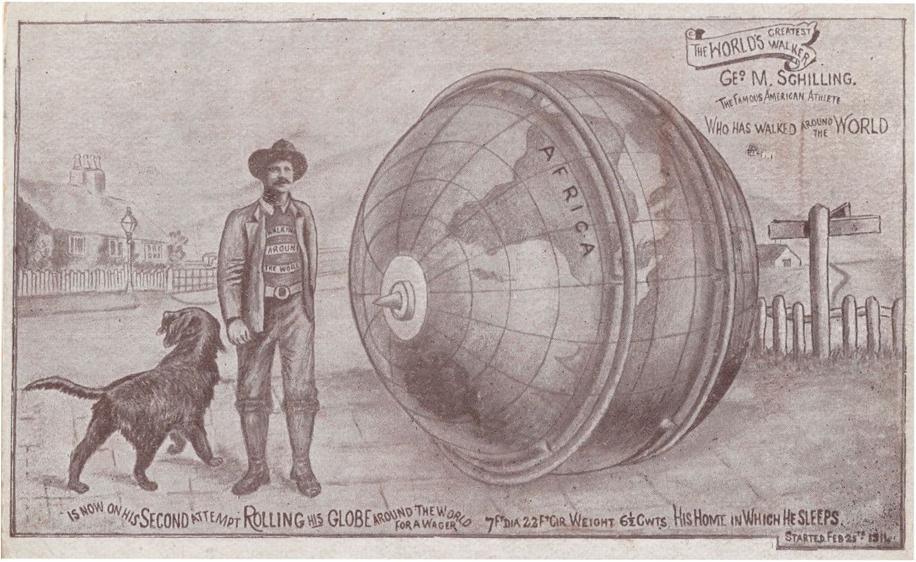 Man Dog Rolling Giant Globe Map Around World 1911 Record Breaking Postcard