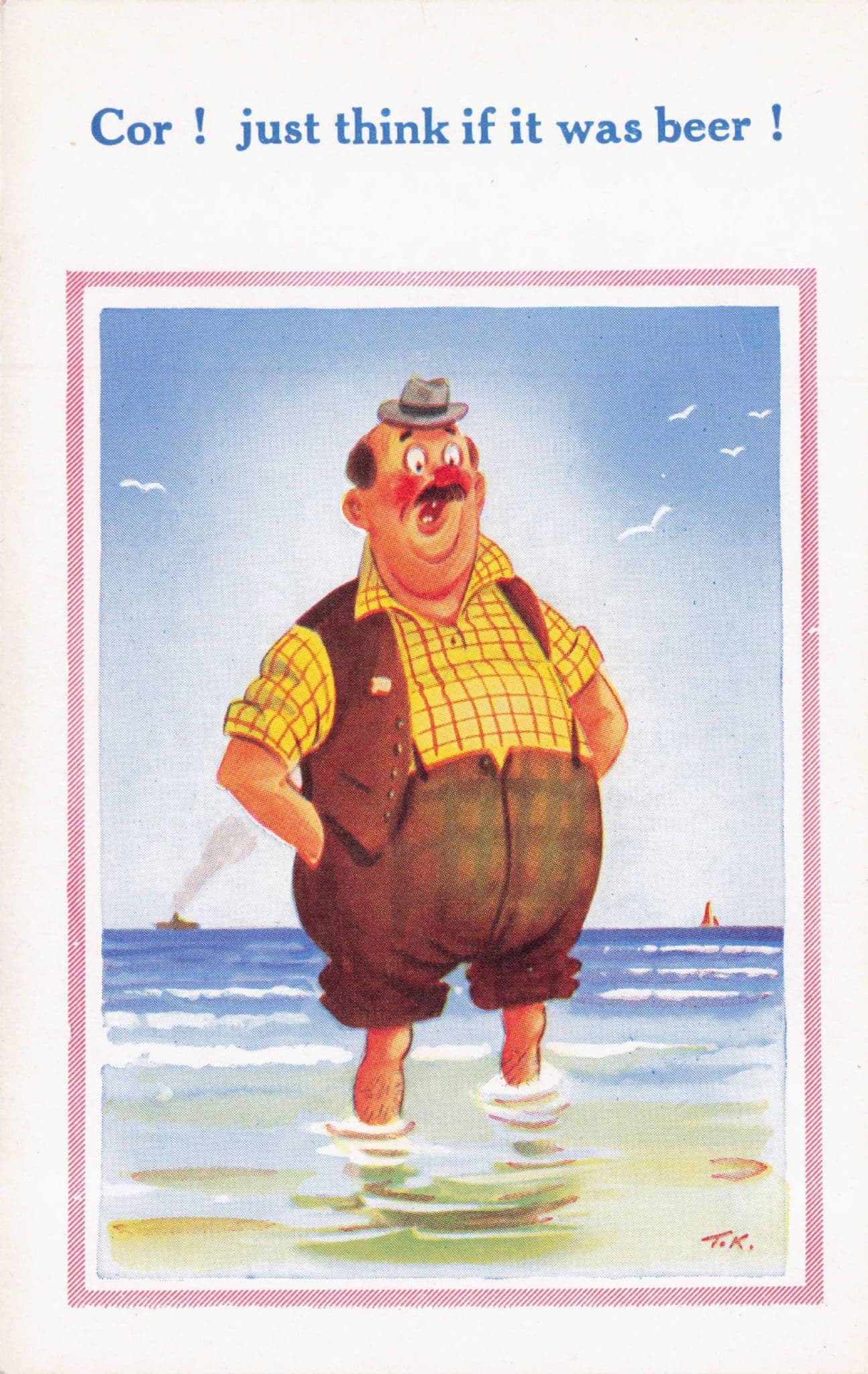 Man Dreaming Swimming In Giant Sea Of Alcohol Beer Old Comic Postcard