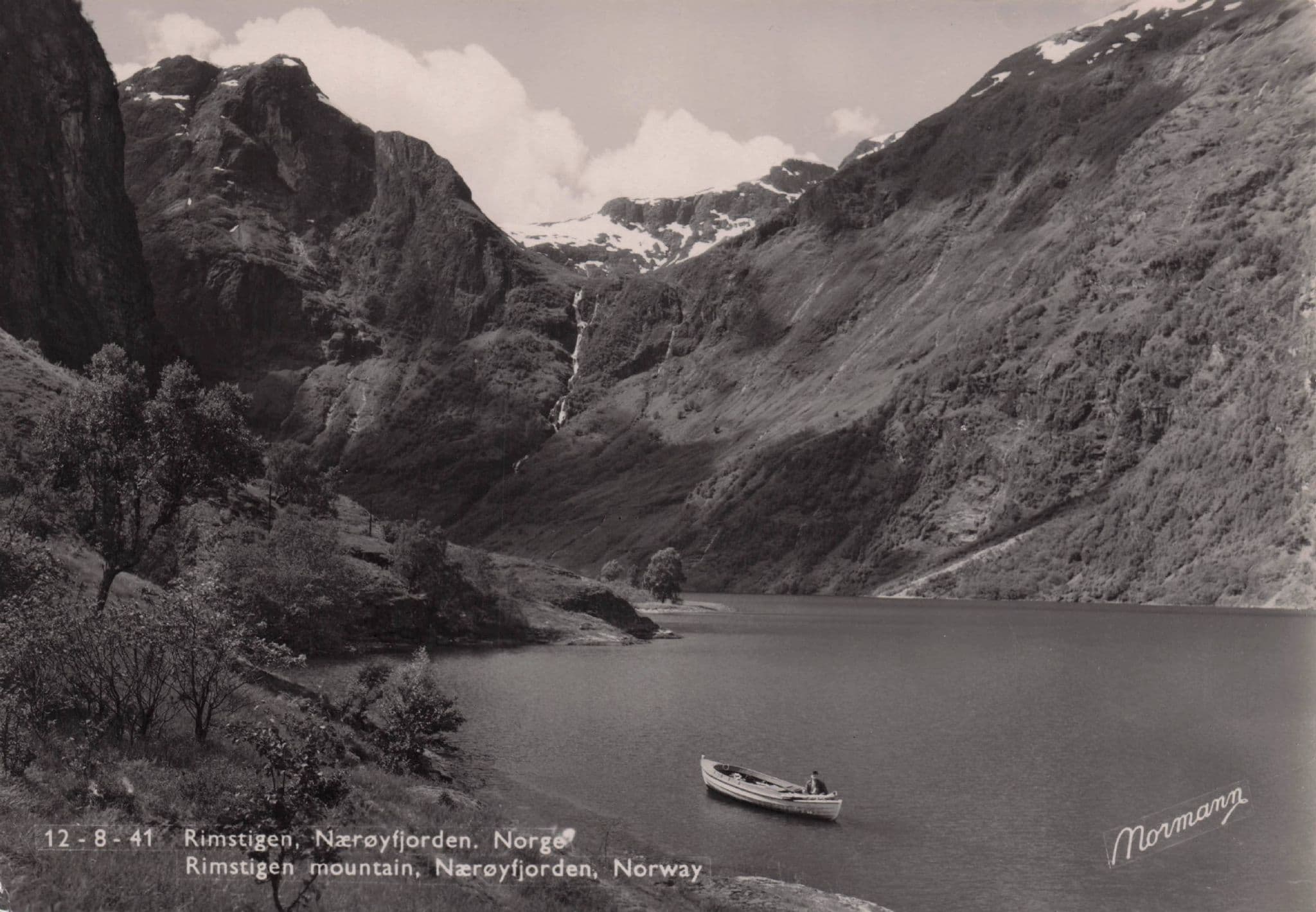 Man Fishing Boat at Rimstigen Mountain Naeroyfjord Norway Postcard