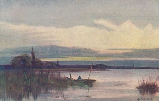 Man Fishing from Boat at Blundell Norfolk Village Antique Postcard
