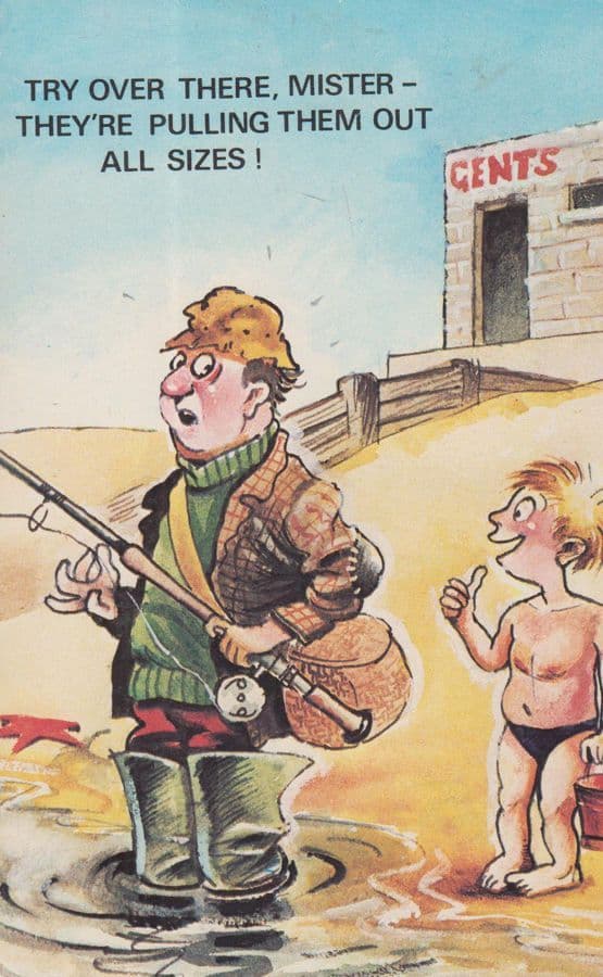Man Fishing Outside Public Toilets Poos Are Fish Ugh 1970s Comic Humour Postcard