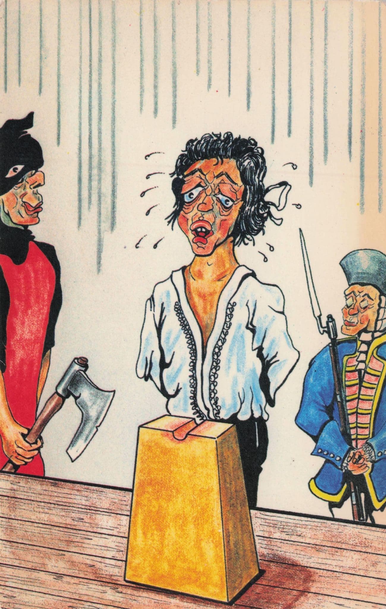 Man Head On Chopping Block Swordsman Comic Postcard