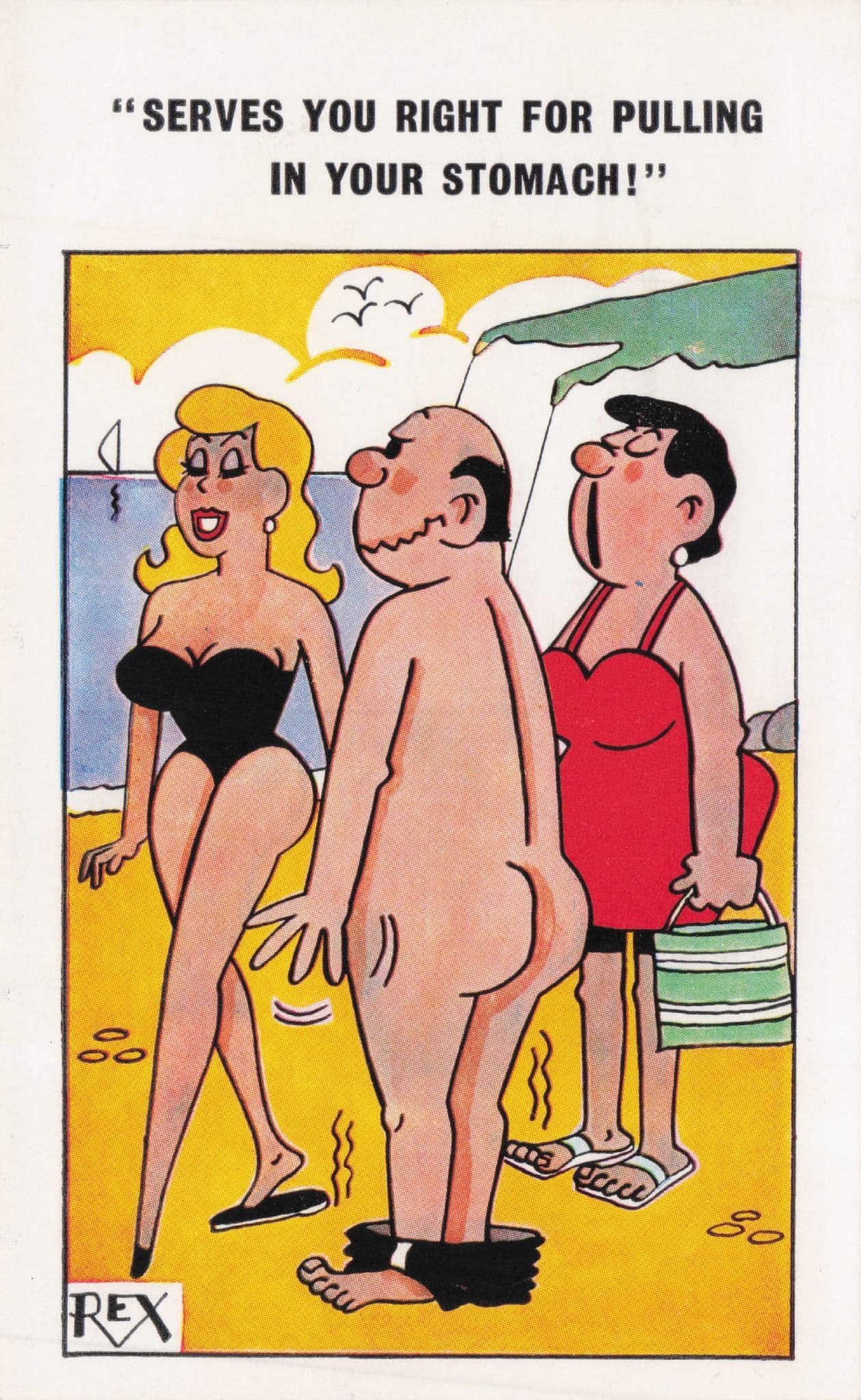 Man Holds Stomach In For Sexy Girl & Loses Trousers Old Comic Postcard