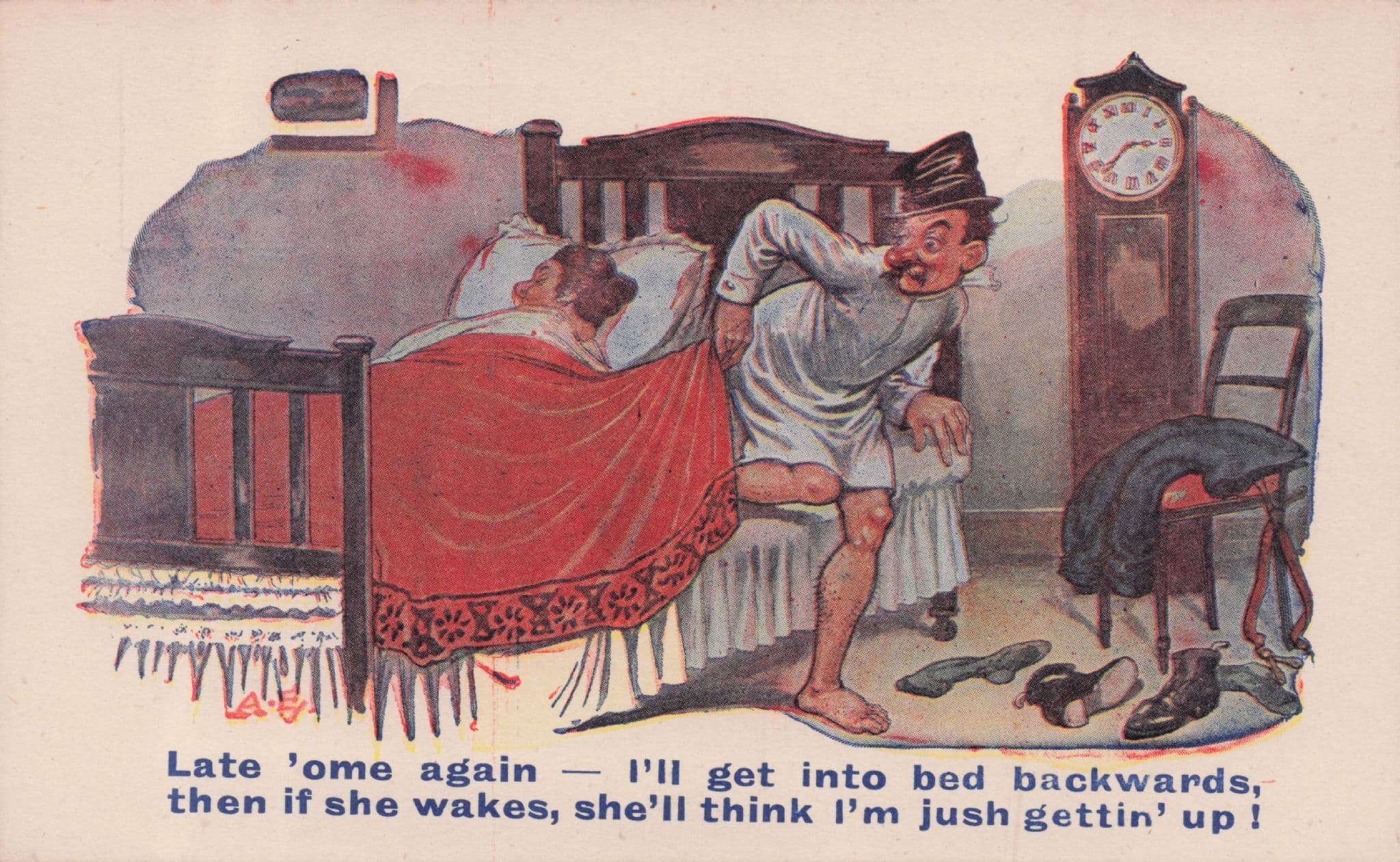 Man In Bed Backwards Scary Wife Grandfather Clock Old Comic Postcard