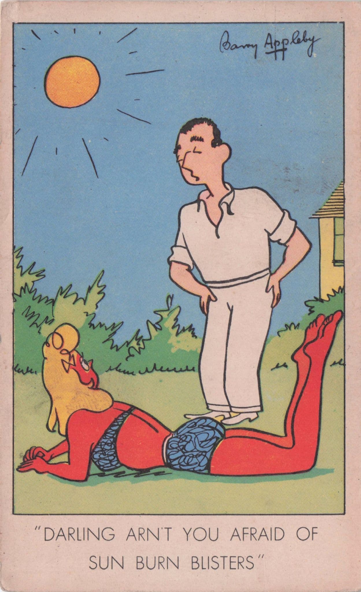 Man In Cricket Outfit Wife Sunburned Antique RA Comic Postcard