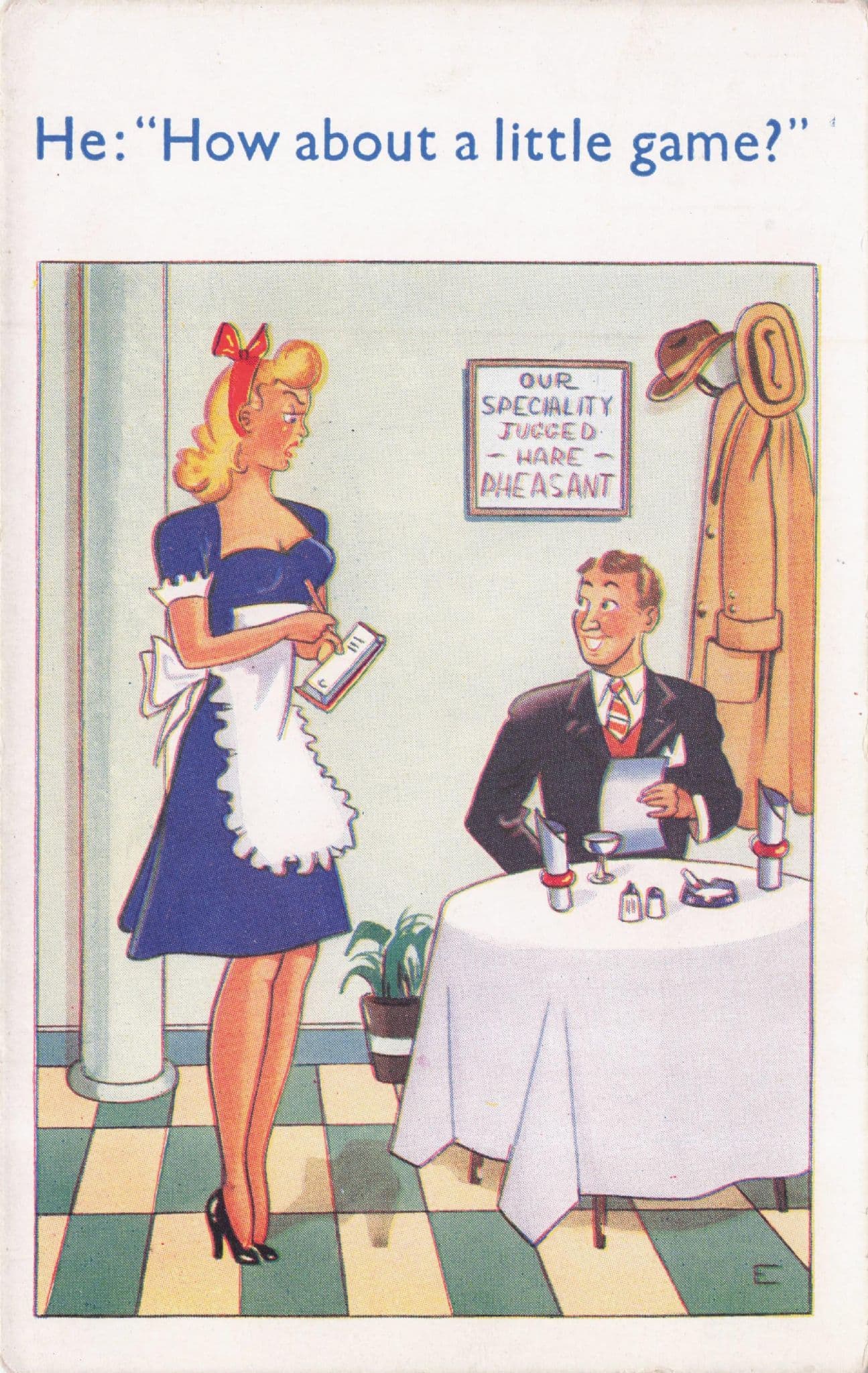 Man in Restaurant Wants Game With Waitress Old Comic Postcard