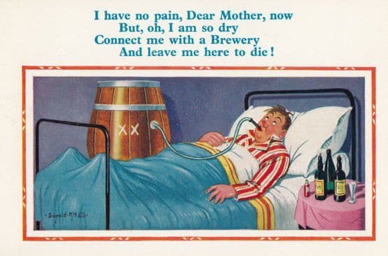 Man On Death Bed Want Barrell Of Beer Connected Dying Wish Comic Humour Postcard