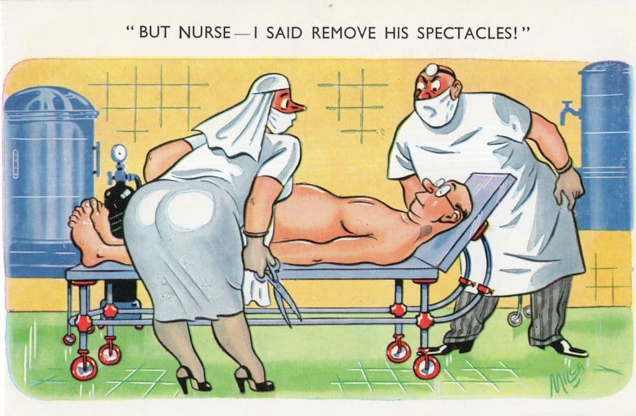 Man On Operating Table Hospital Operation Spectacles Comic Postcard