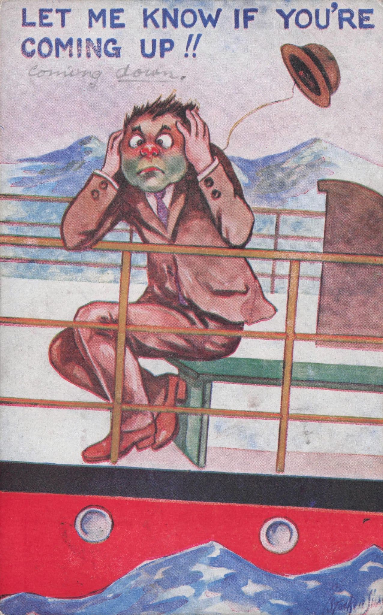 Man On Ship Deck Disaster Wind Loses Hat Old Comic Postcard