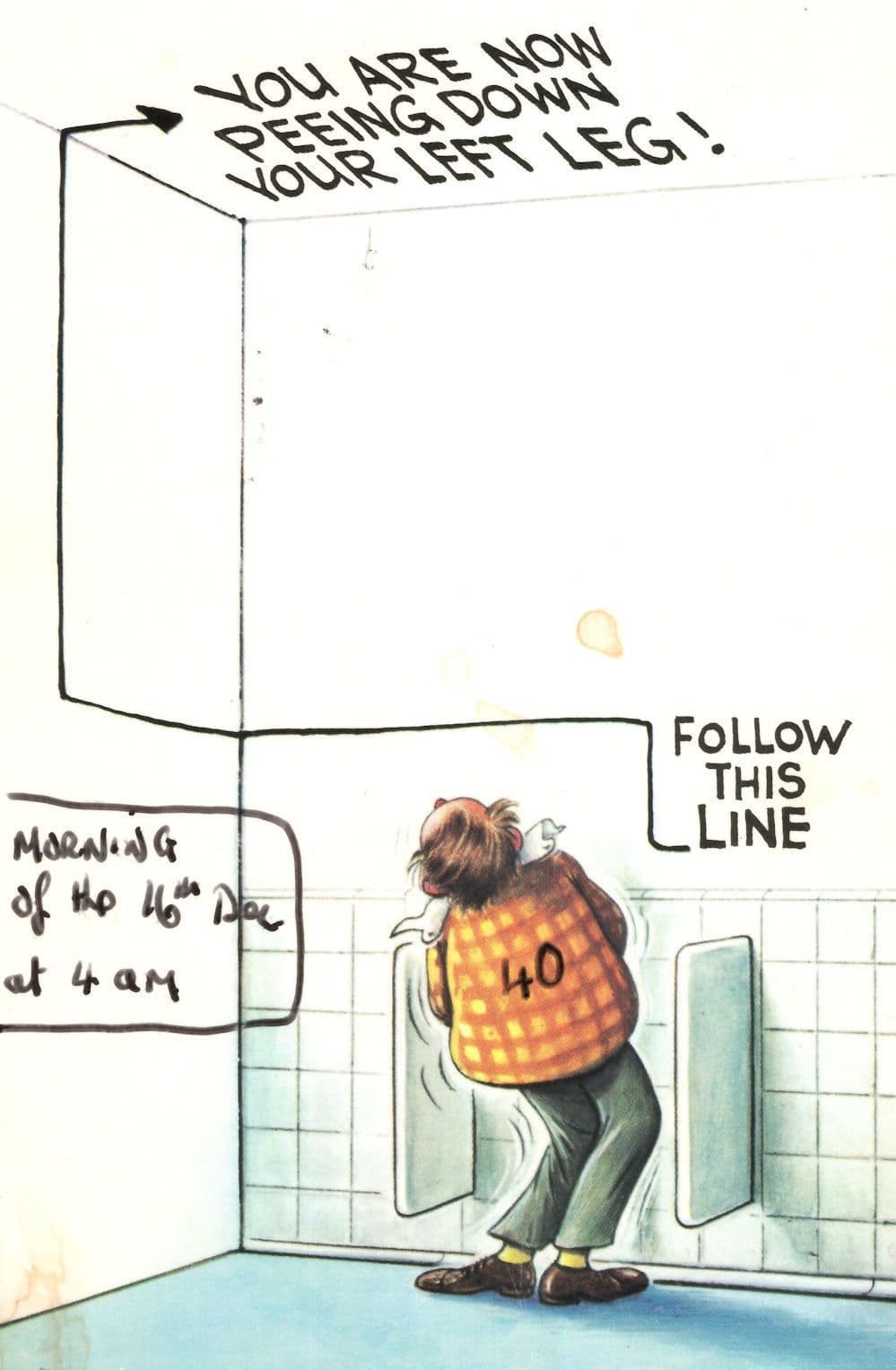 Man Urinating Down Leg Comic 1970s Toilet WC Humour Postcard