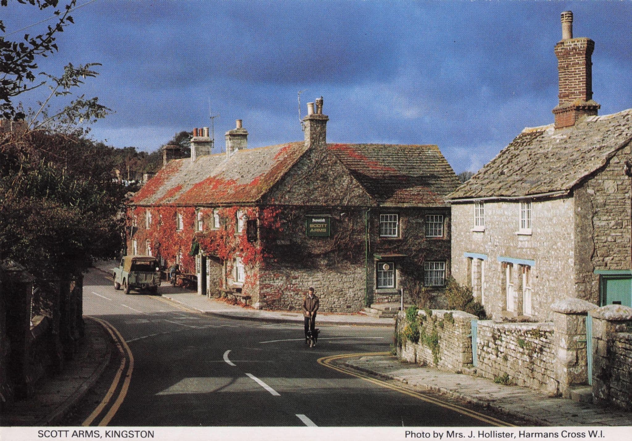Man Walking A Dog at Scott Arms Pub Kingston Dorset Rare WI Postcard