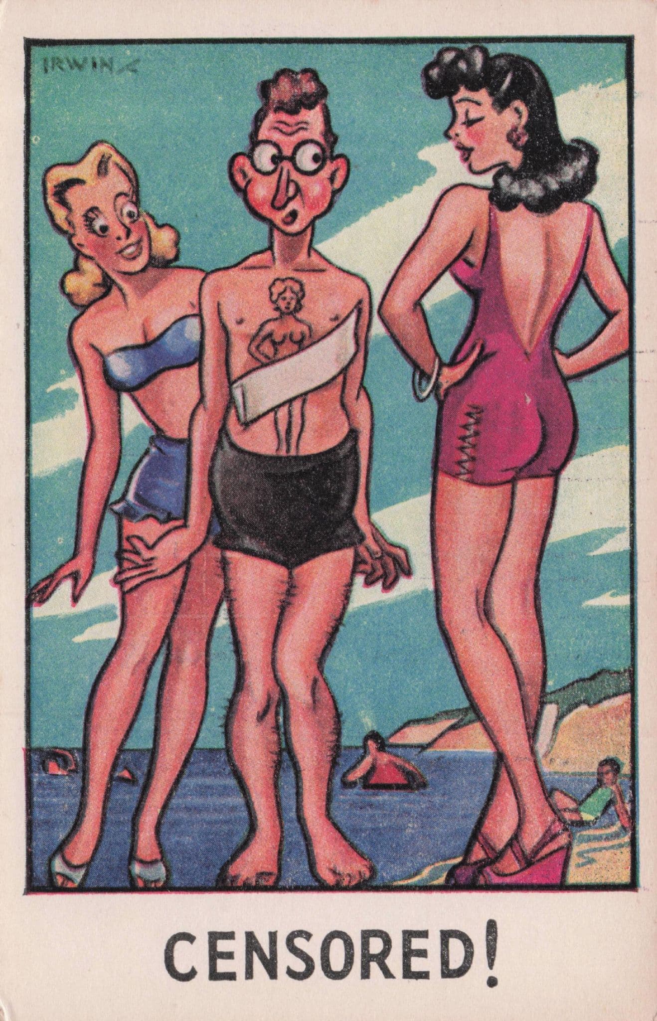Man With Erotic Nude Tattoo Censored By Sexy Lady Antique Comic Postcard