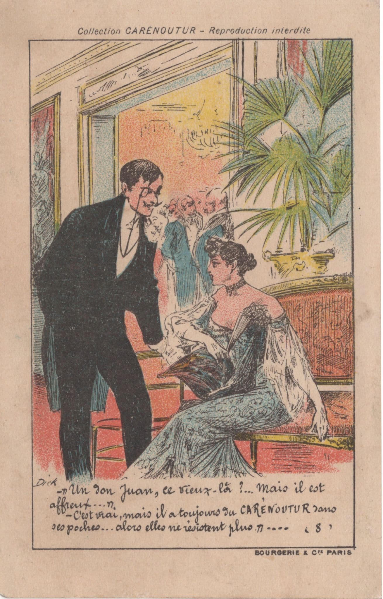 Man With Eyeglass Flirting Antique French France Comic Postcard