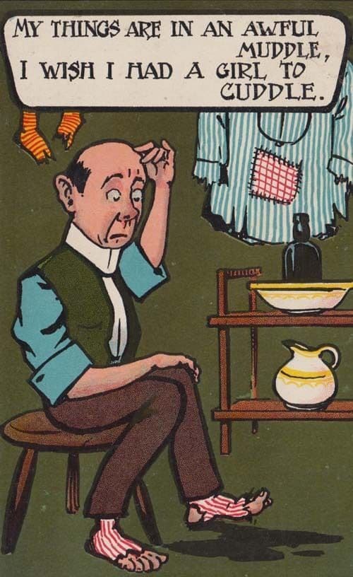 Man With Hole In Clothes Sewing Shirt Beer Alcohol Bottle Antique Comic Postcard