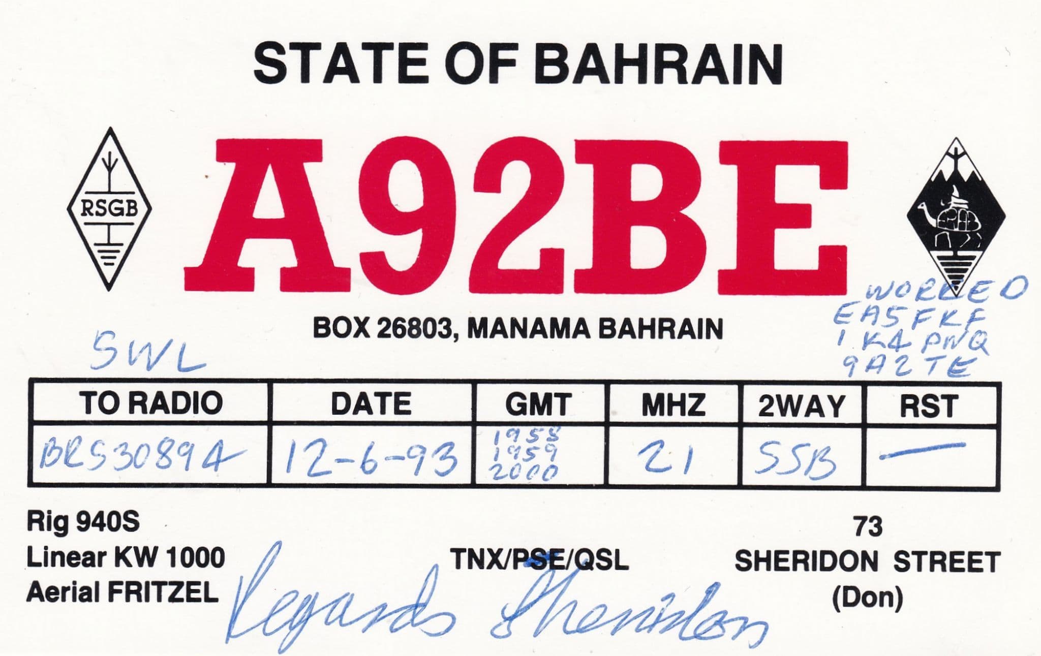 Manama Bahrain QSL Radio QSO Card