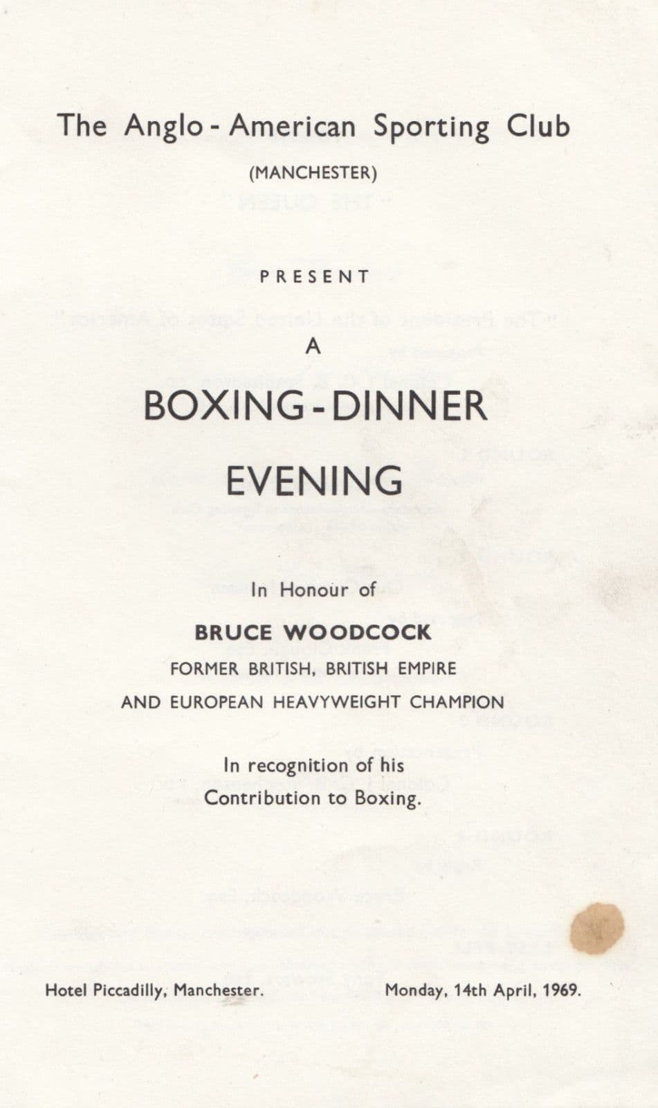 Manchester Bruce Woodcock Boxing 1969 Theatre Fight Dinner Menu Sports Boxing Programme