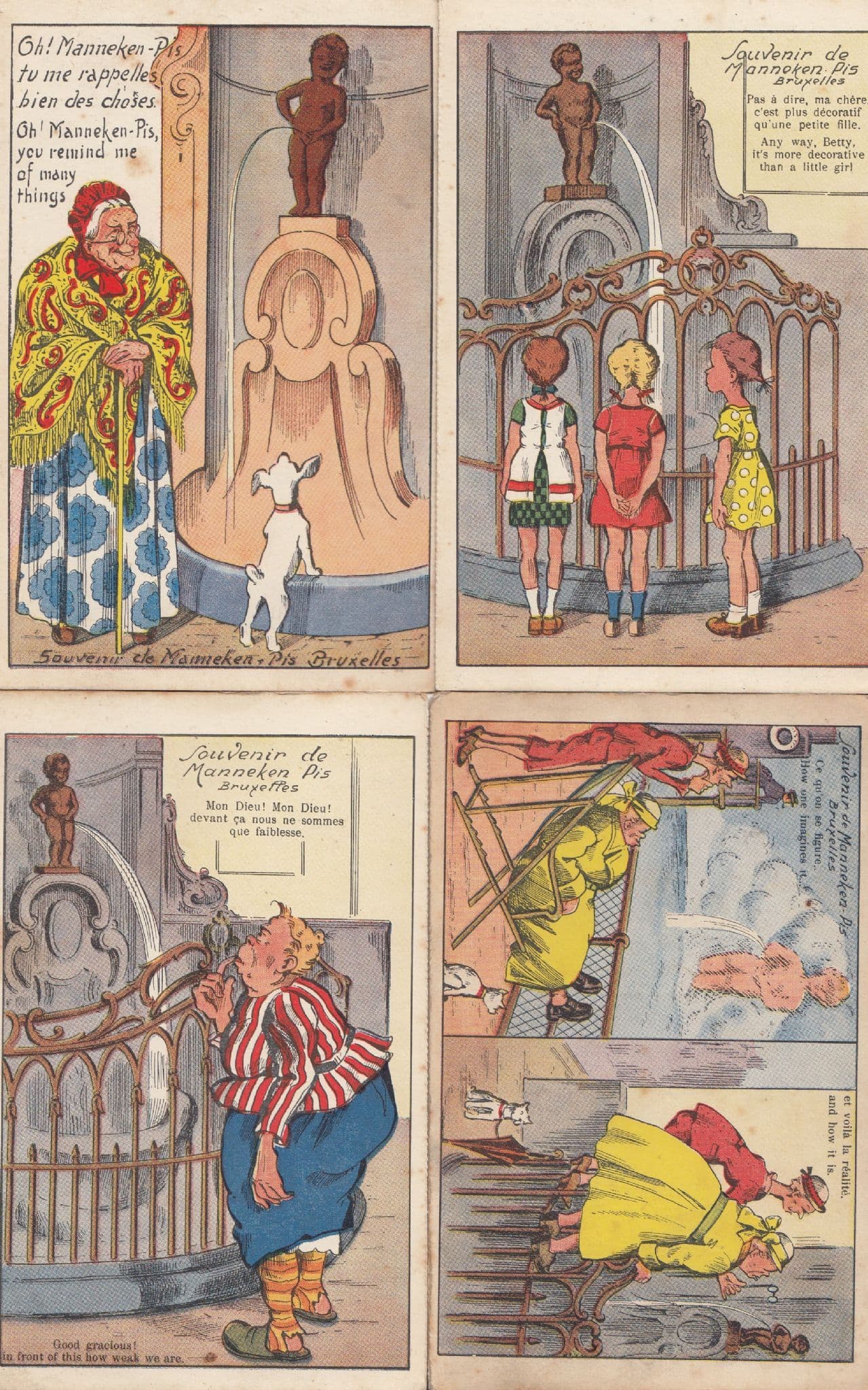 Manneken Pis Dog Old Lady Schoolgirls 4x Antique Comic Postcard s