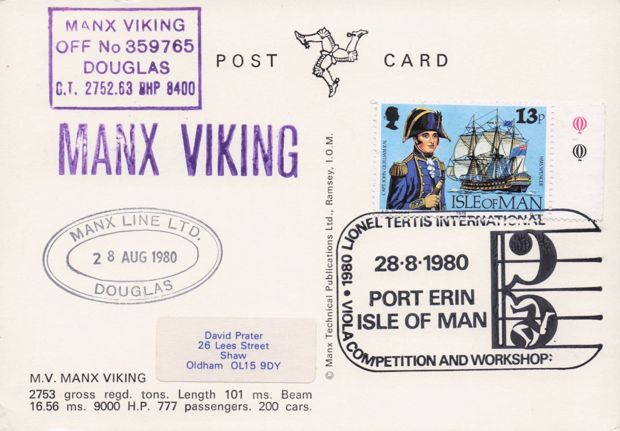 Manx Viking Posted On Board Line Port Erin Ship 1980 Postcard