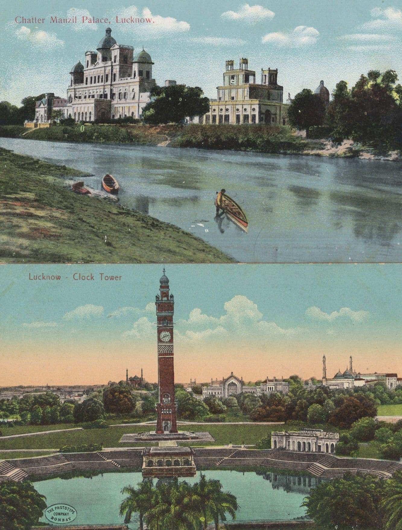 Manzil Palace Lucknow Canoe Boat River Clock Tower Indian Postcard