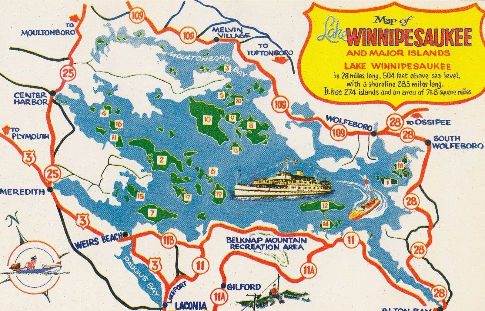 Map Of Lake Winnipesaukee New Hampshire Postcard