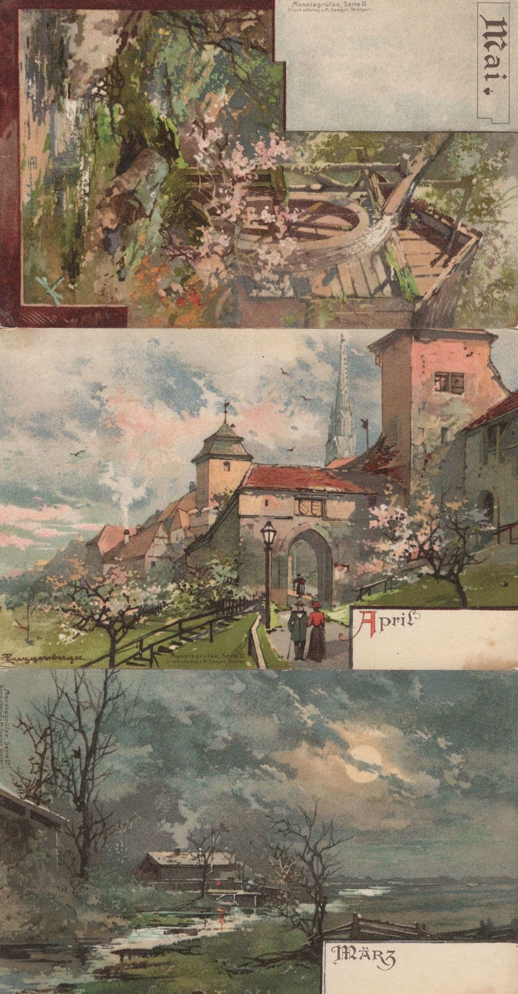 March April May German Calendar Old Spring Postcard s
