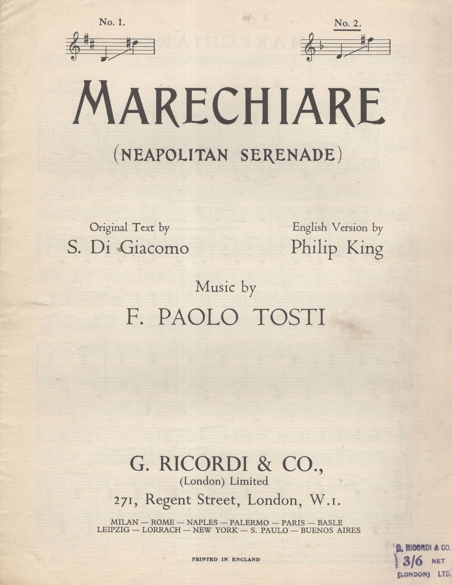 Marechiare Serenade F Paolo Tosti Vintage Sheet Music