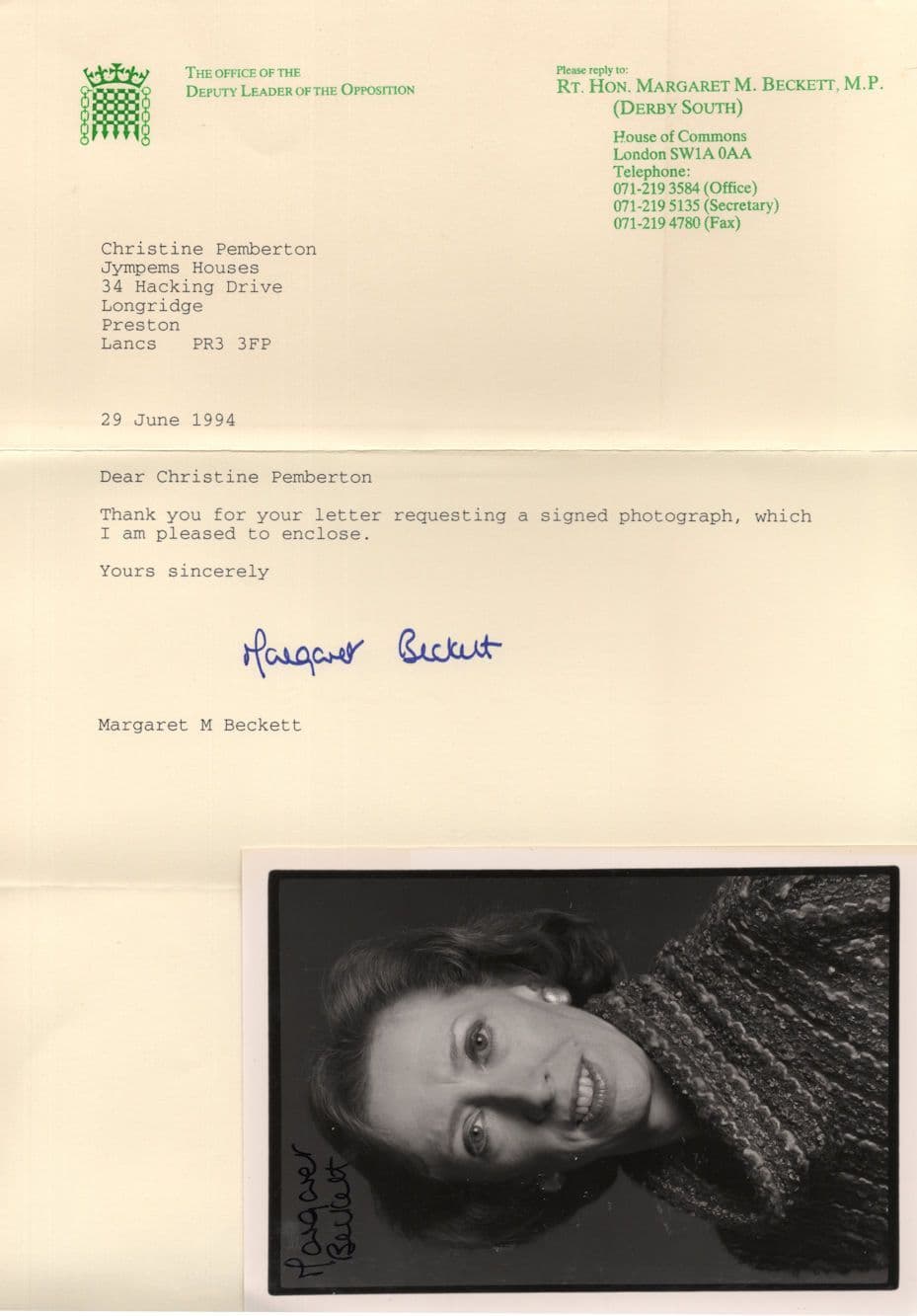 Margaret Beckett Labour MP Hand Signed Photo & House Of Commons Letter