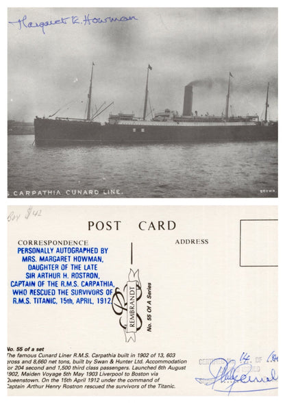 Margaret Howman of RMS Carpathia Titanic Ship Official Hand Signed Postcard