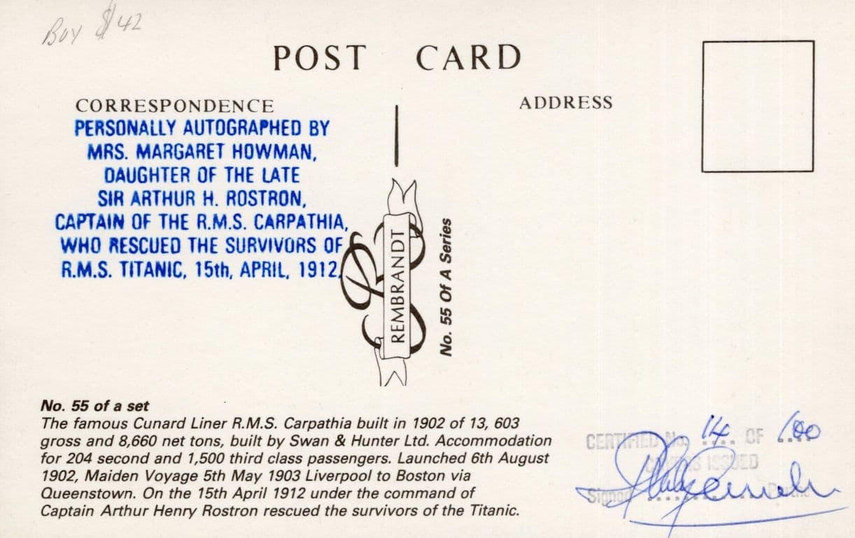 Margaret Howman of RMS Carpathia Titanic Ship Official Hand Signed Postcard
