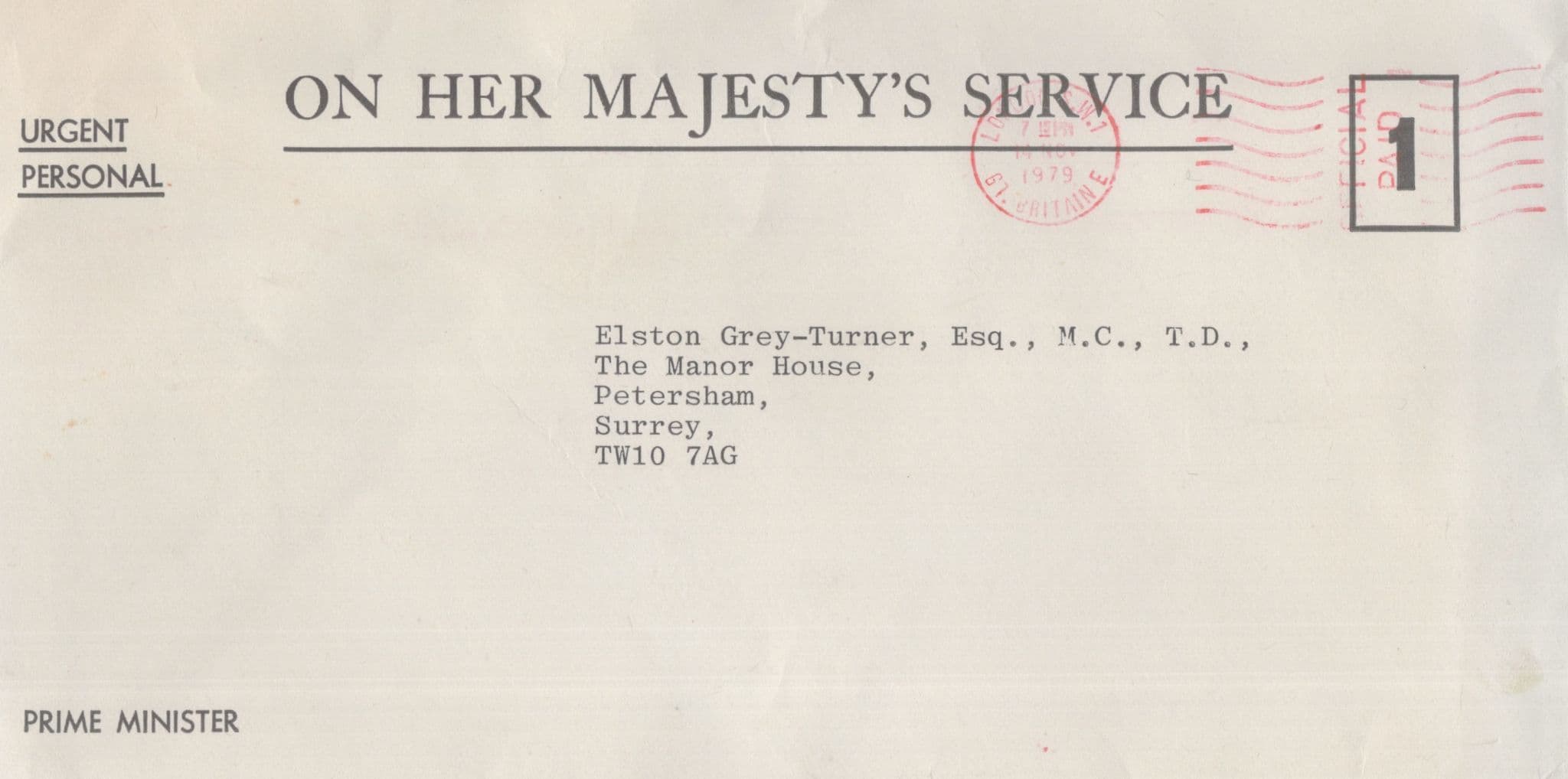 Margaret Thatcher 1979 Urgent Personal Envelope To WW2 Doctor