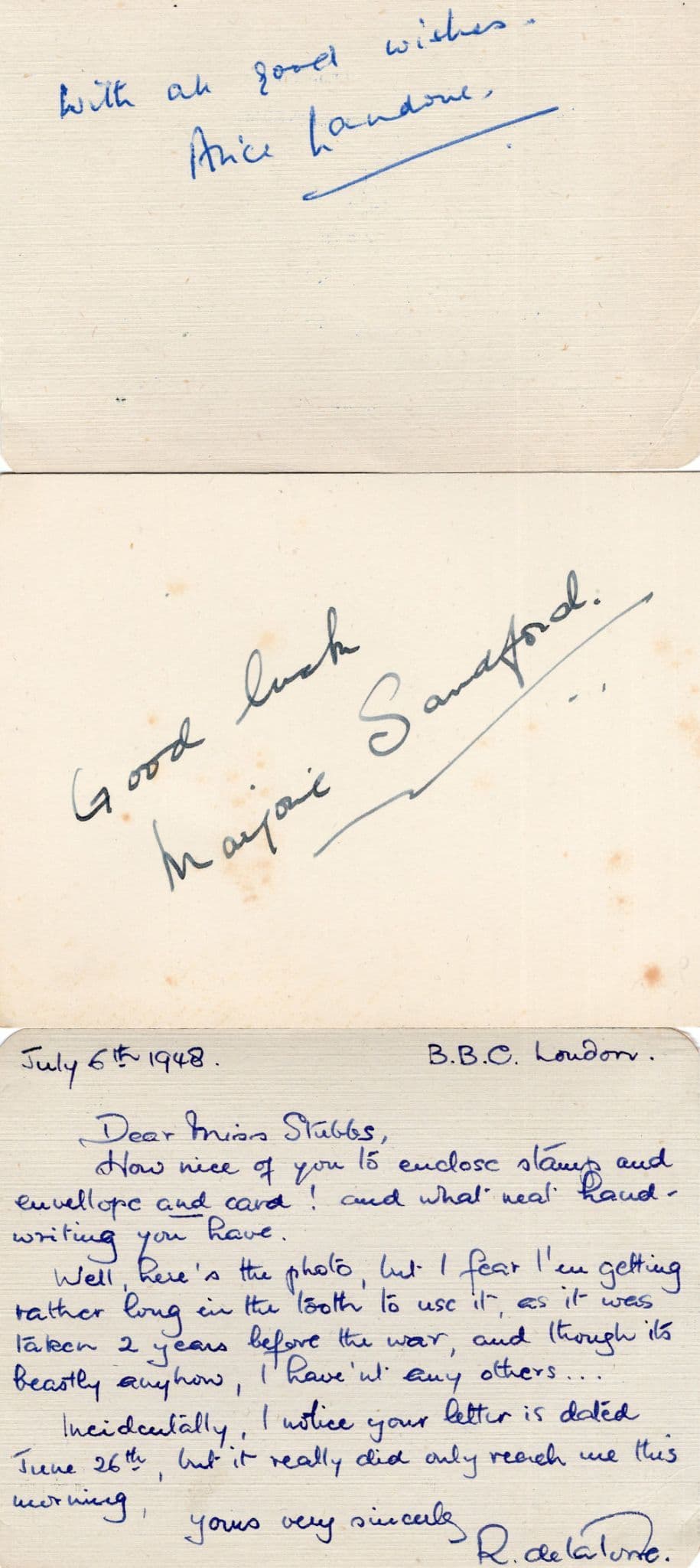 Marjorie Sandford 3x Antique Actress Hand Signed Autograph Card s