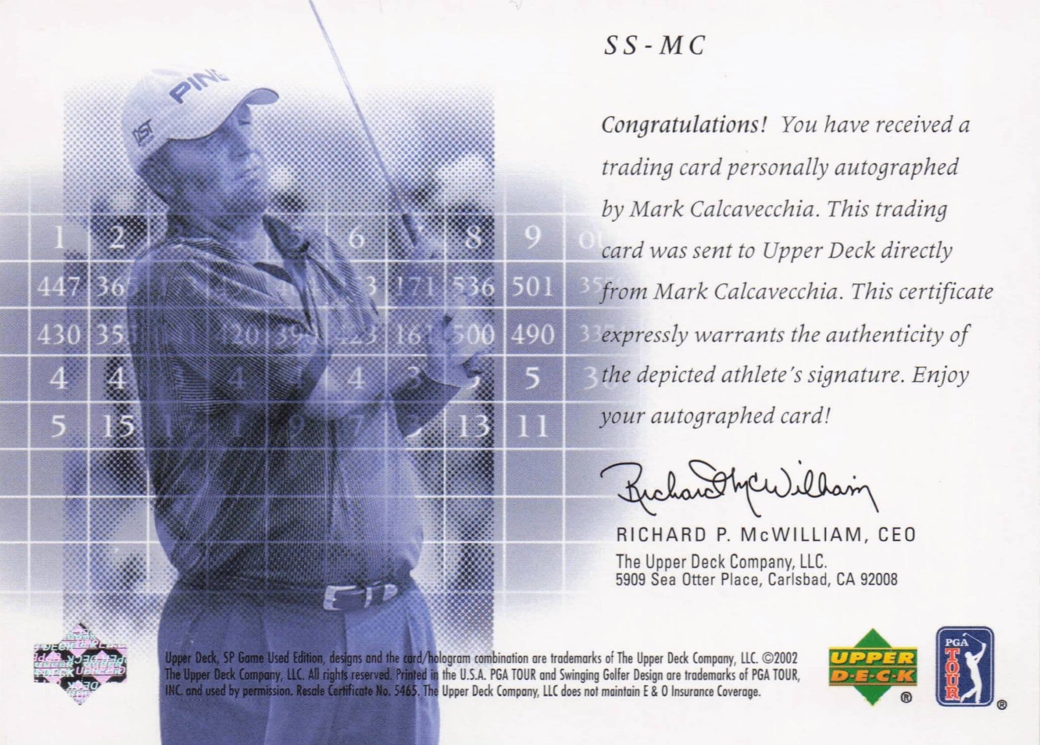 Mark Calcavecchia Scorecard Signatures Hand Signed 2002 SP Golf Autograph Card