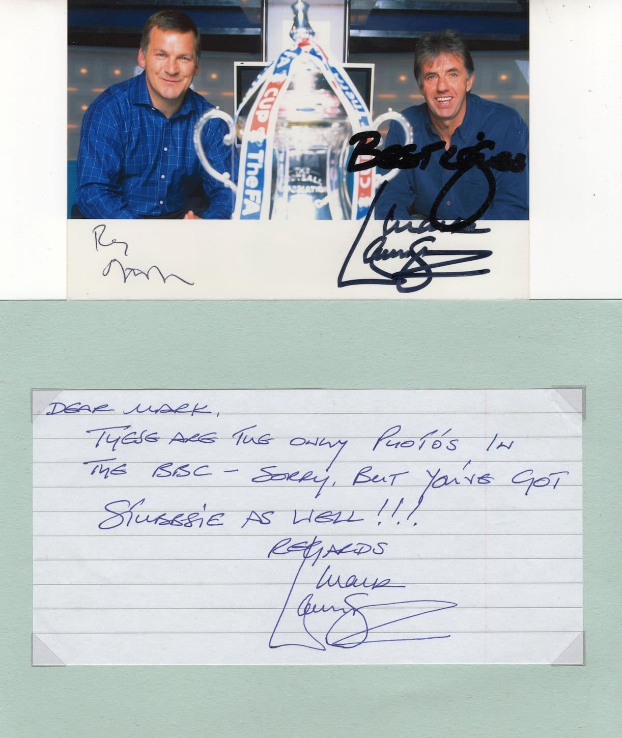 Mark Lawrenson & Ray Stubbs FA Cup Hand Signed Photo & Letter